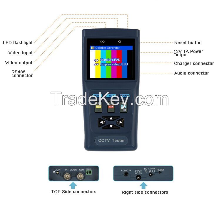 Basic and Cheap CCTV Tester Monitor  with 12V/1A power output to Camera with LED flash light CO-V30