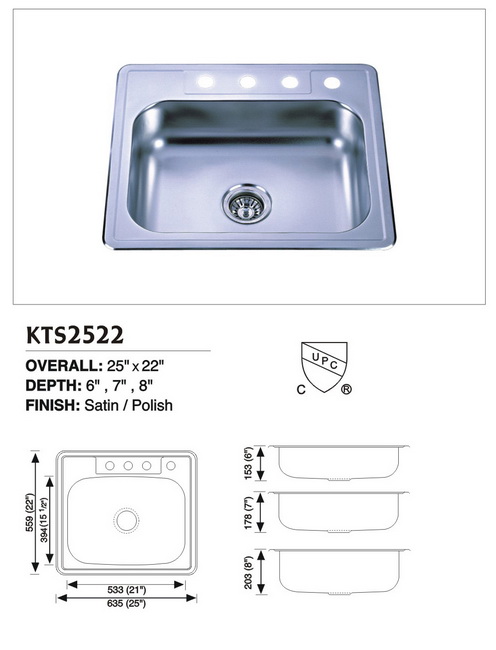 Stainless Steel Undermount Single Sink KTS2522