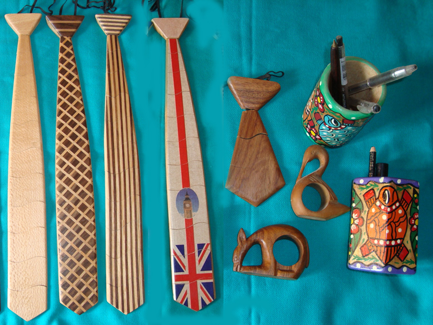 wooden ties, bowties, penholder etc.