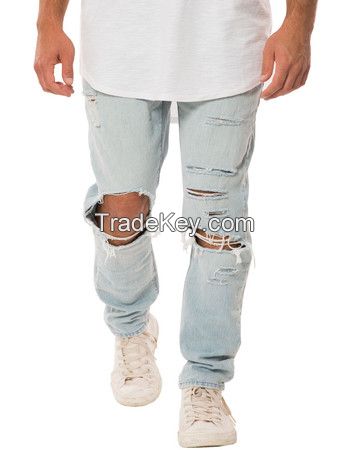 custom men Stretchy Ripped Skinny Jeans Destroyed Taped Slim Fit embroidery patches Denim Pants washed zipper button fly