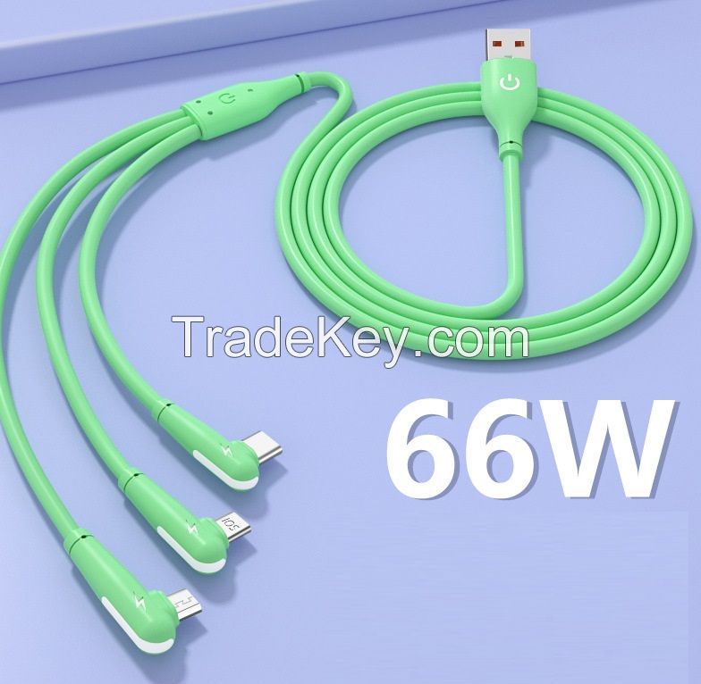 66W Elbow Liquid Silicone Quick Charge 3-in-1 Data Cable Lengthened by 1.8 meters for Apple Android Type-c