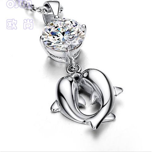 selling  lover necklace, silver pendants, couple dolphin zircon pendant, plated 3 levels platinum