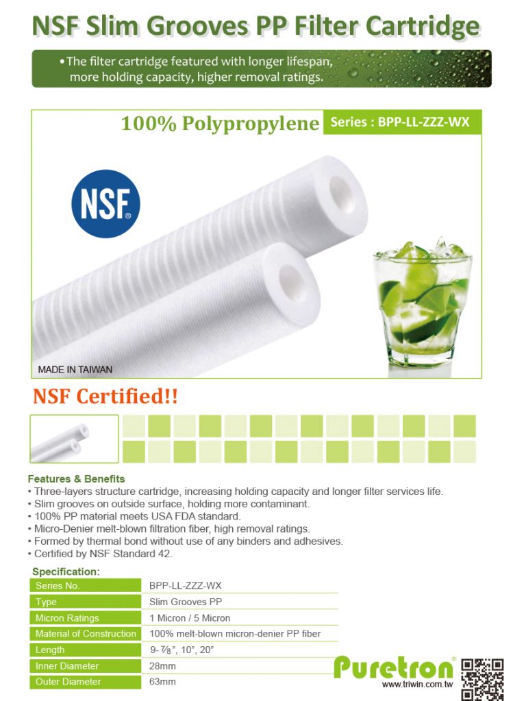 PURETRON NSF Certified 10 inch Polypropylene 5 micron Slim Grooves NSF PP 5u Filter