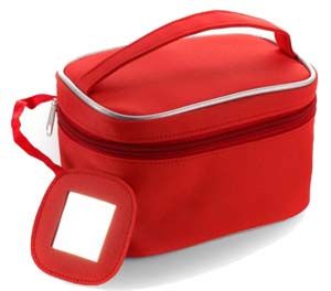 Red polyester cosmetic case bag with mirror and handle vanity bag with mirror