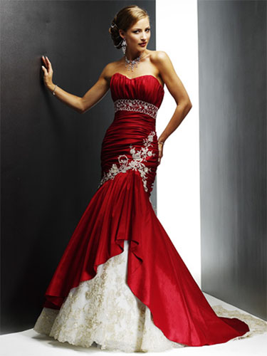 Red Mermaid Strapless Applique Satin Wedding Dress