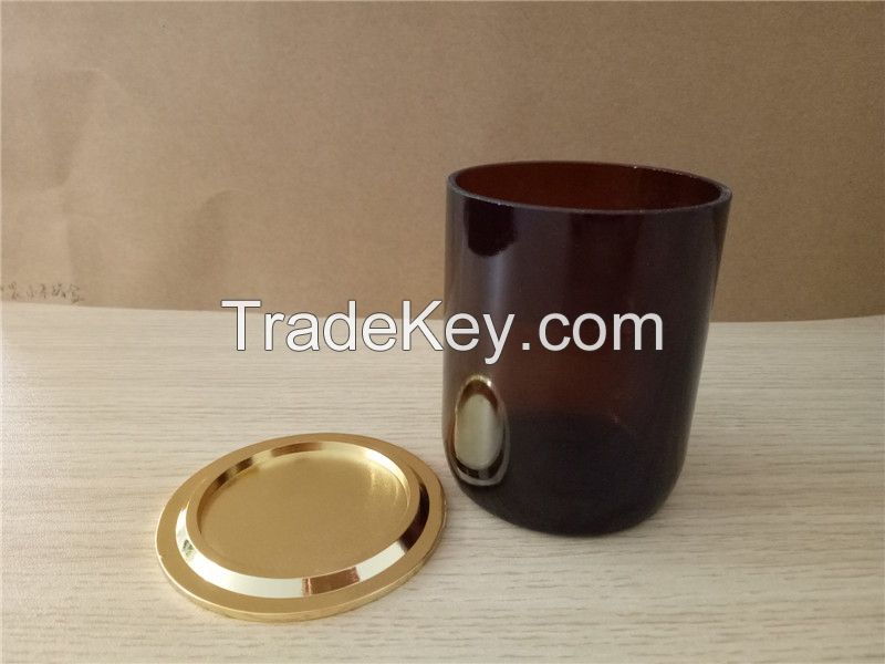 cutting amber glass candle jars with gold lid or wooden lid