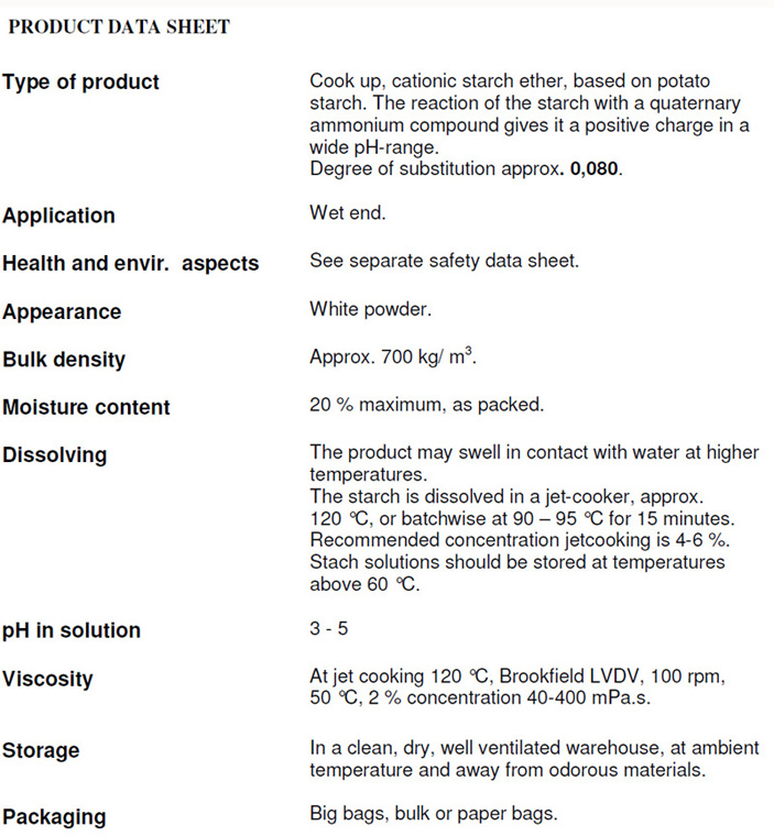 Cationic Potato Starch for paper industry