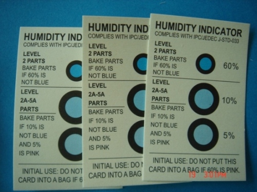3 spot humidity indicator card, 5-60%RH, blue-pink