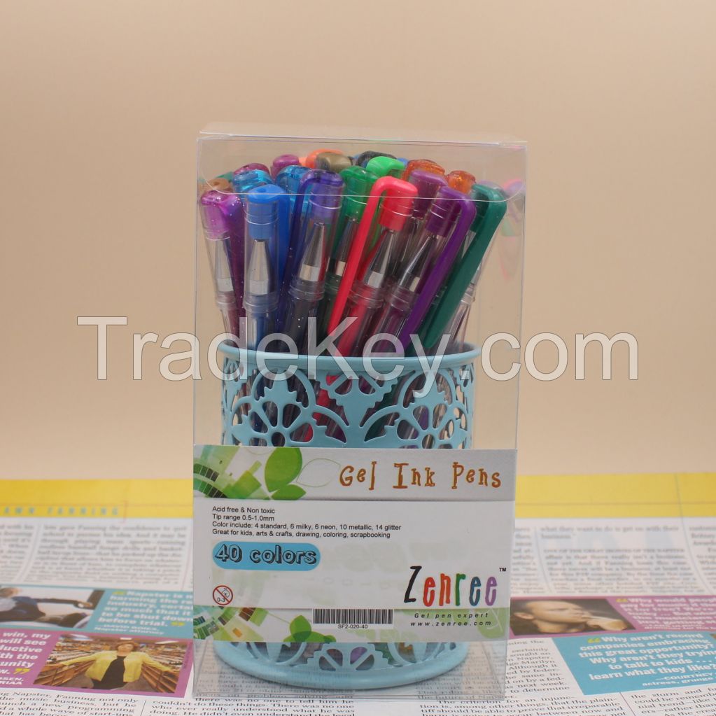 40 Colors Gel Pen Set With Metal Mesh Pen Holder