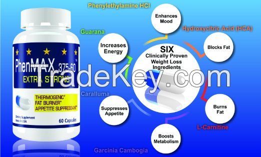 PhenMax 375 Diet pills. Thermogenic Fat Burner. Suppress Appetite, Burn Fat. Maximum Energy for Men and Women. 60 pills