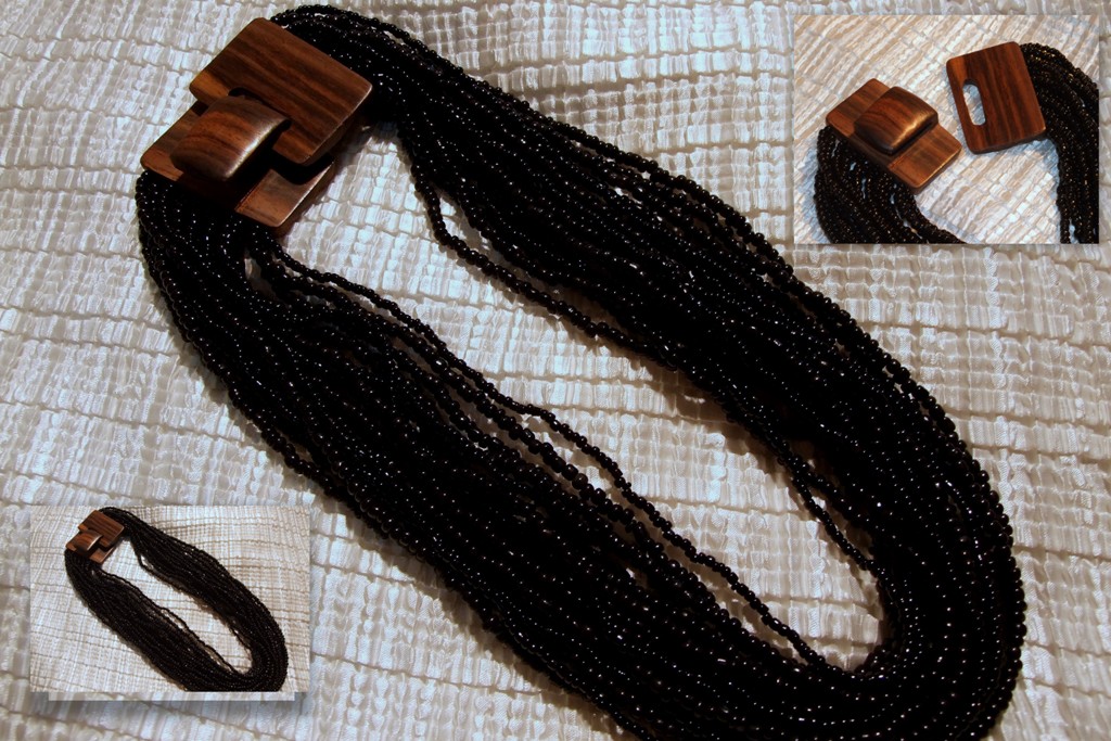 Black beaded necklace with unique wooden clasp