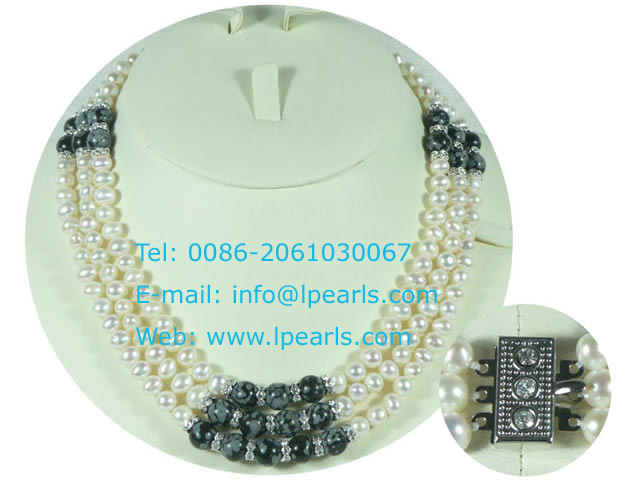 Precious three rows white fresh water jewelry pearl necklace