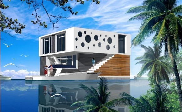 floating house, water bungalow, floating villa