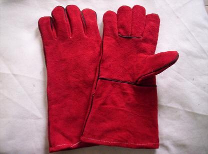 14â€red cow split leather welder glove, full palm, two pieces leather bac