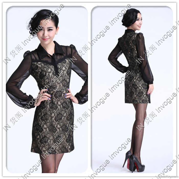 10513 Elegant Full Sleeve Lacey Black/nude Dress