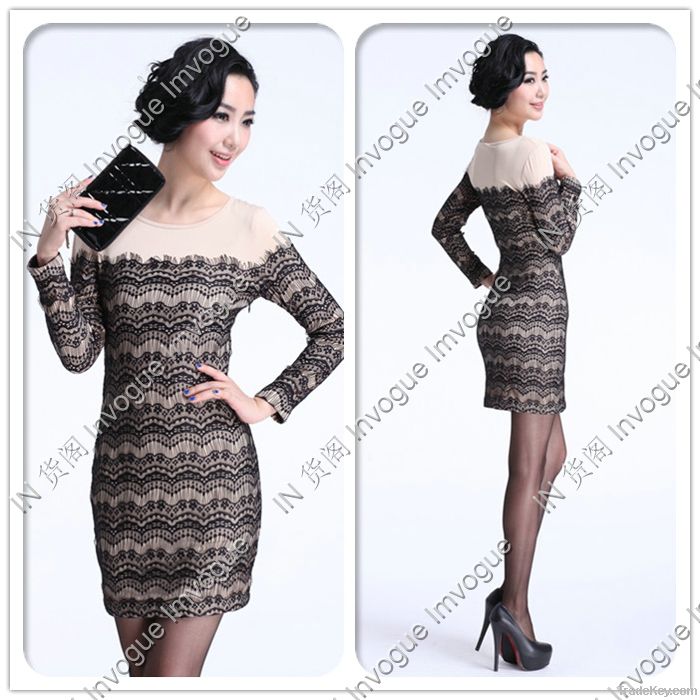 Fast Shipping!! 10512 Bi-color Full Sleeve Lacey Dress