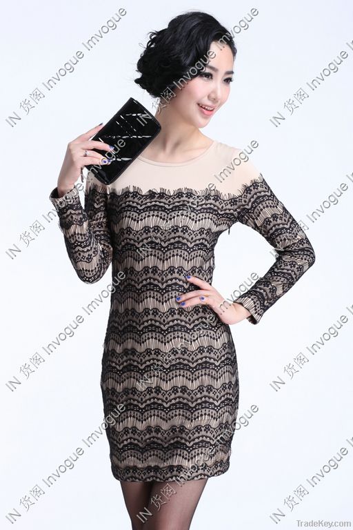 Fast Shipping!! 10512 Bi-color Full Sleeve Lacey Dress