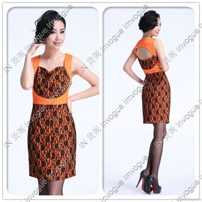 HOT SALE!!10506 Glamorous Lace Ribbon Orange Dress