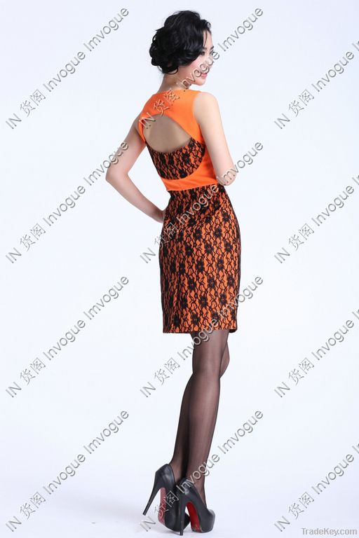 HOT SALE!!10506 Glamorous Lace Ribbon Orange Dress