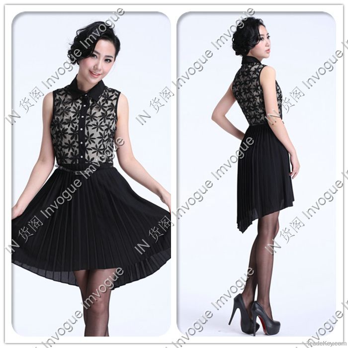 HOT!! 10503 Trendy Leaves Lace Ruffle Dress BLACK