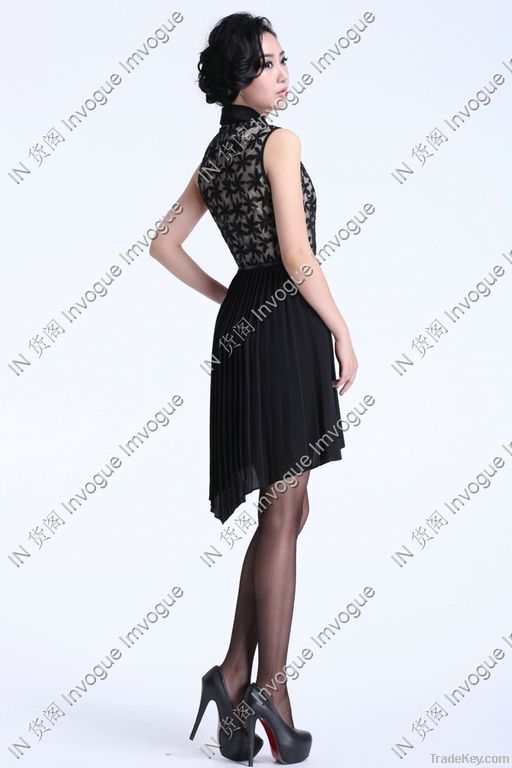 HOT!! 10503 Trendy Leaves Lace Ruffle Dress BLACK