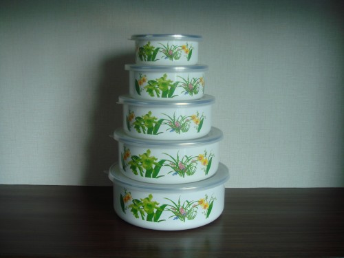 Enamel bowl set with plastic lid