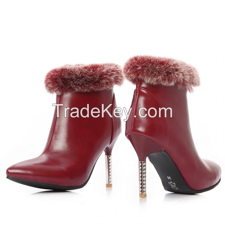 Free Shipping Ladies Mutural Fashion Bootie Women's PU boots fashion rabbit fur pointed toe High Heel Cheap boots