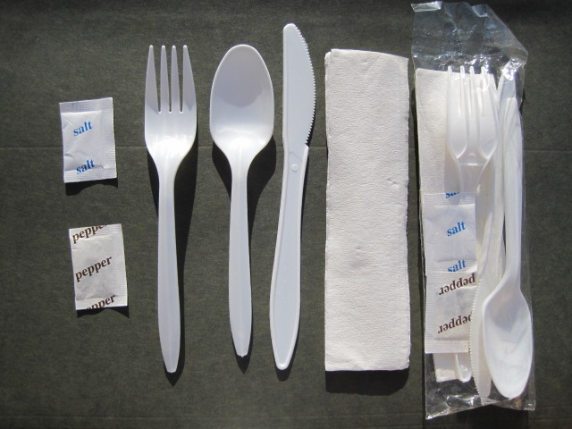 6 kits with fork, spoon, knife, napkin, salt, and pepper