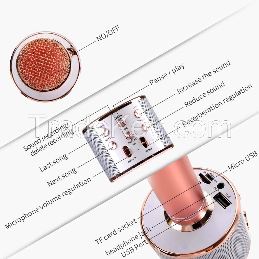 WS858 Wireless Bluetooth Karaoke Microphone, 3-in-1 Portable Handheld karaoke Mic New Year Gift Home Party Birthday Speaker Machine for iPhone/Android/iPad/Sony, PC and All Smartphone(Rose Gold)