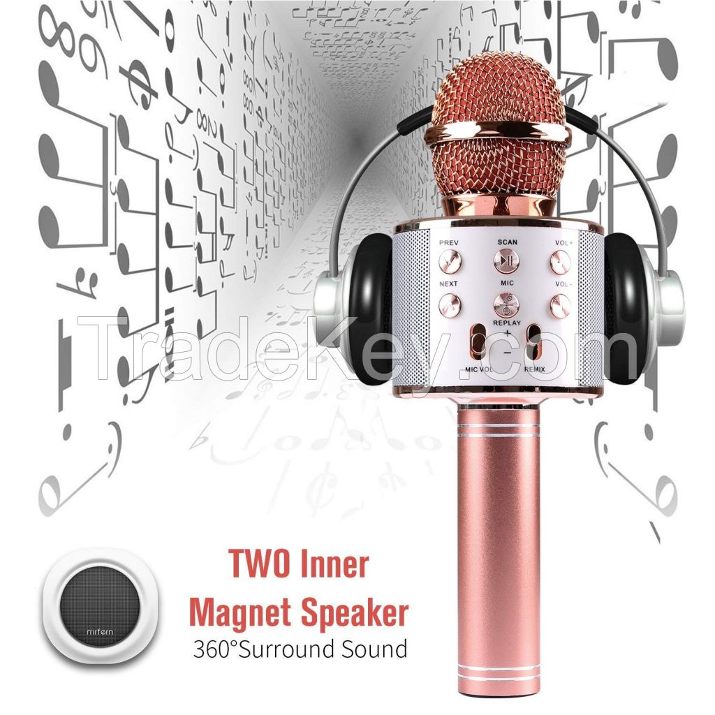 WS858 Wireless Bluetooth Karaoke Microphone, 3-in-1 Portable Handheld karaoke Mic New Year Gift Home Party Birthday Speaker Machine for iPhone/Android/iPad/Sony, PC and All Smartphone(Rose Gold)