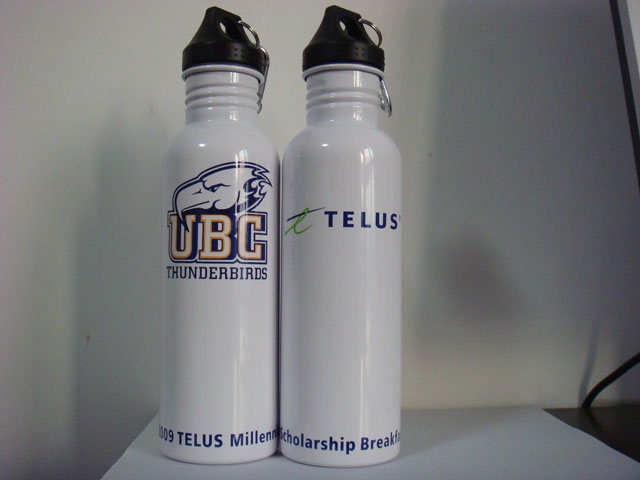 750ml wide-mouth white stainless steel sport water bottle and logo