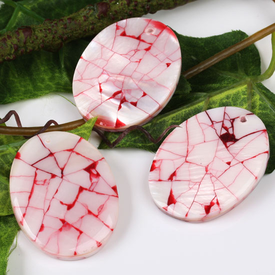 40X30MM MOP SHELL RED VEINS FLAT OVAL PENDANT BEAD 1PC