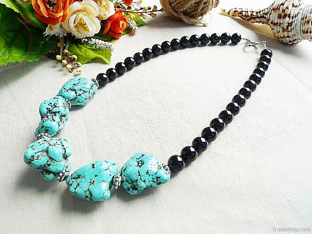 natural gemstone black agate and blue Turquoise necklace