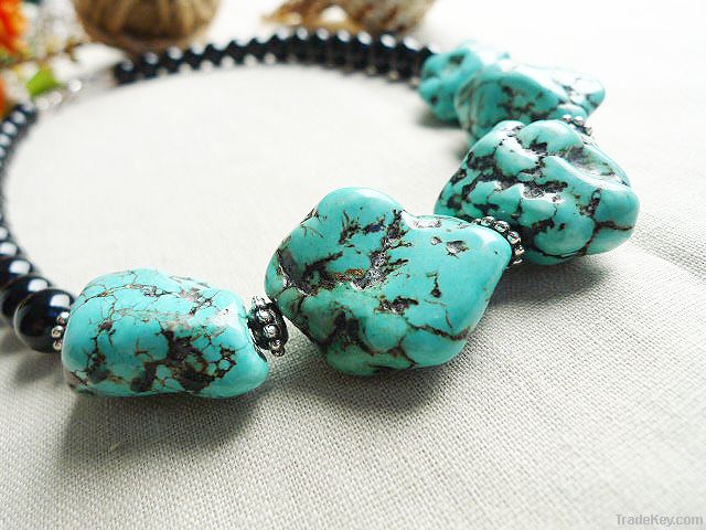 natural gemstone black agate and blue Turquoise necklace