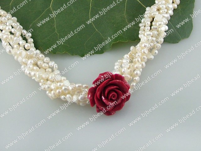 18" dyed white multi-strand pearl necklace(3-4mm) with moonlight clasp