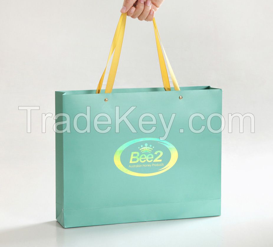 custom luxury printing paper shopping bag with satin ribbon handle