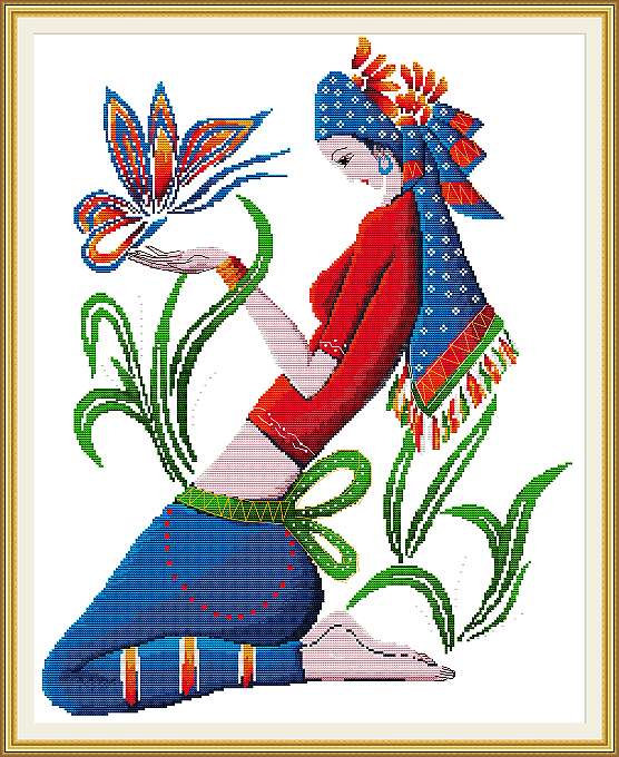 Folk girl cross stitch embroidery