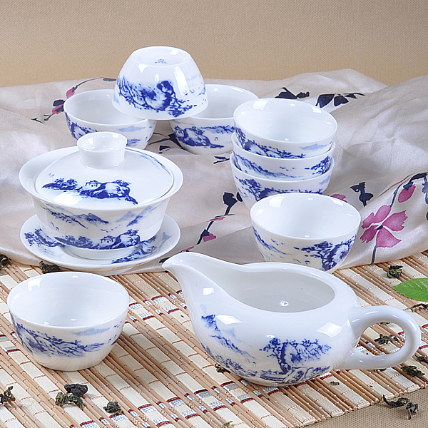 blue and white ceramic tea set