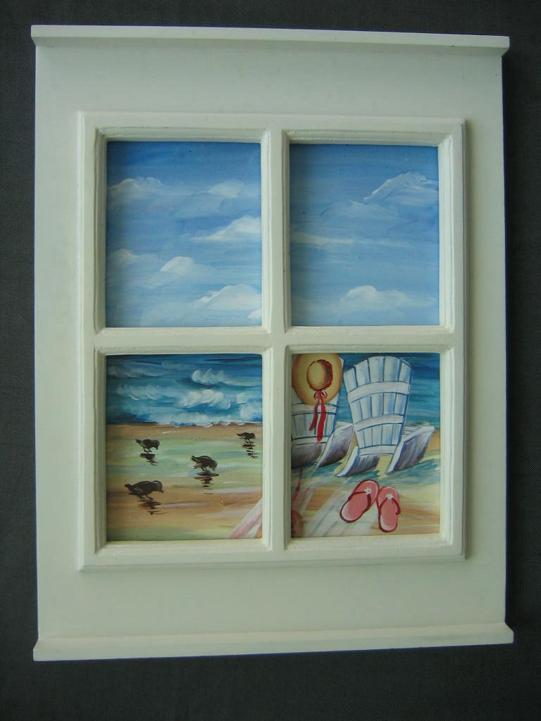 wood hanging window with beach view