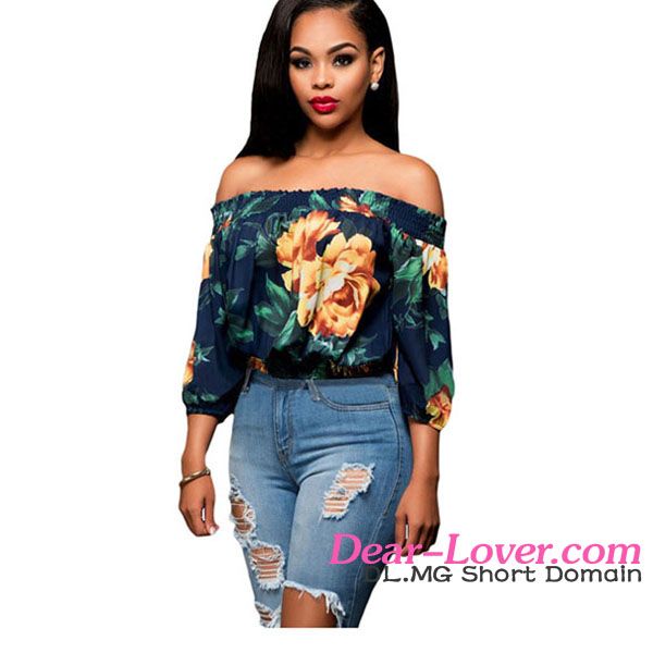  Dear-lover  Navy Blue Floral Off the shoulder women clothing tops