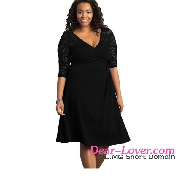 Dear-lover Black Lavish Lace Half Sleeves big size dress women