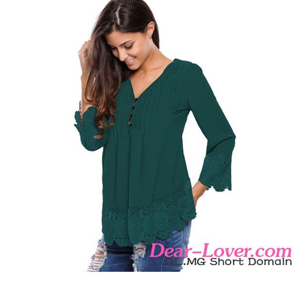  Dear-lover Dark Green Lace Detail Button Up Sleeved Blouse