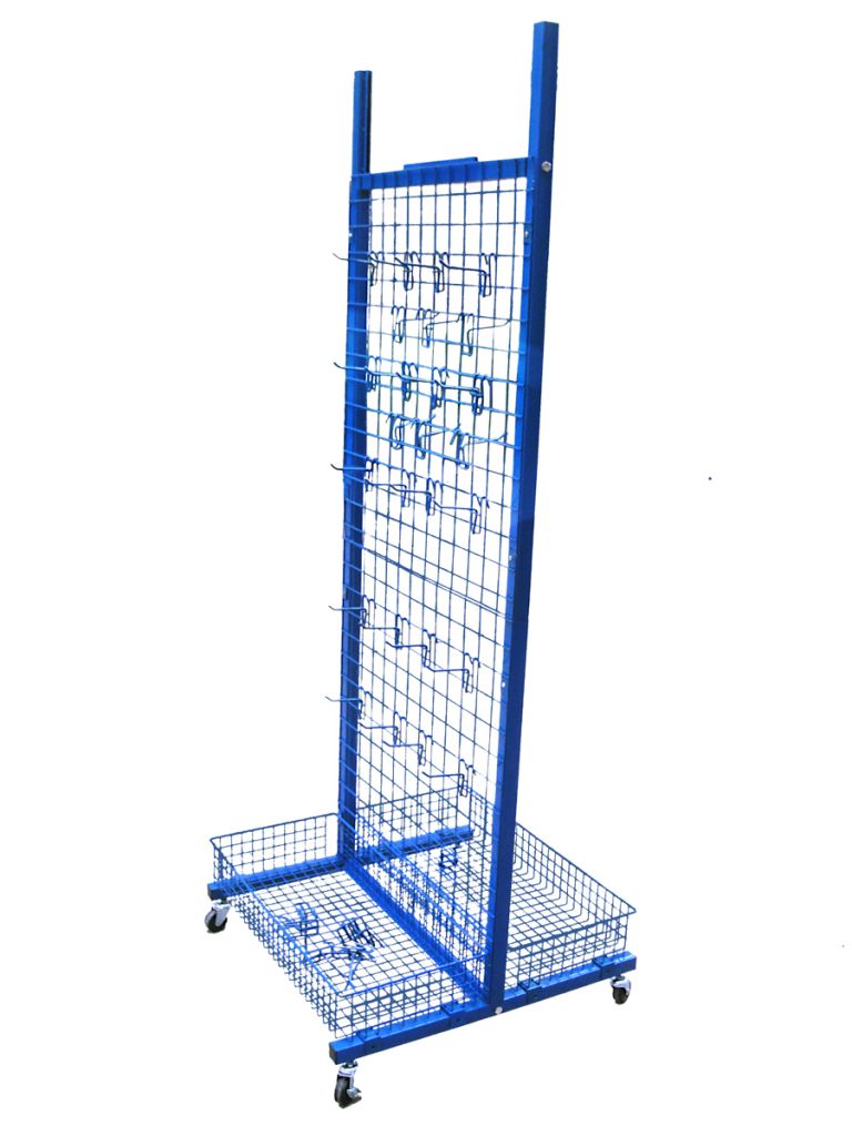 retail store floor display stand with shelf and hooks