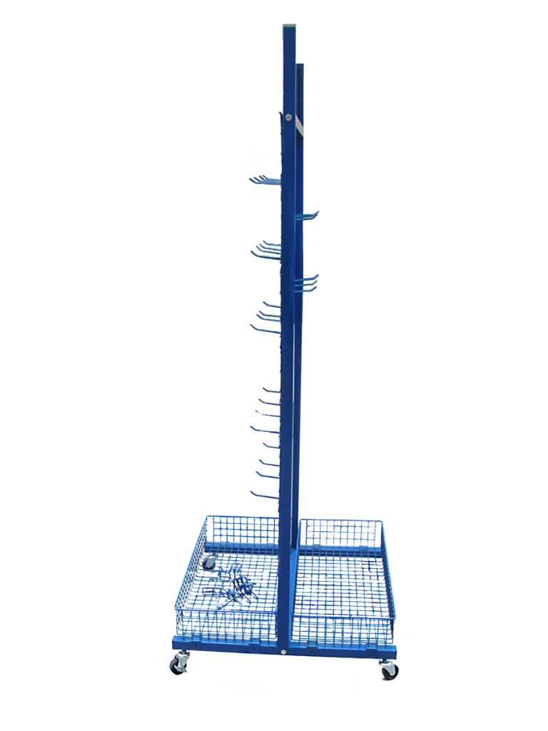 retail store floor display stand with shelf and hooks