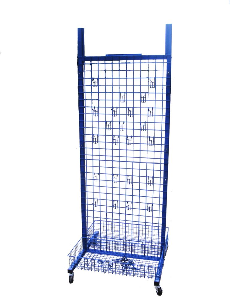 retail store floor display stand with shelf and hooks