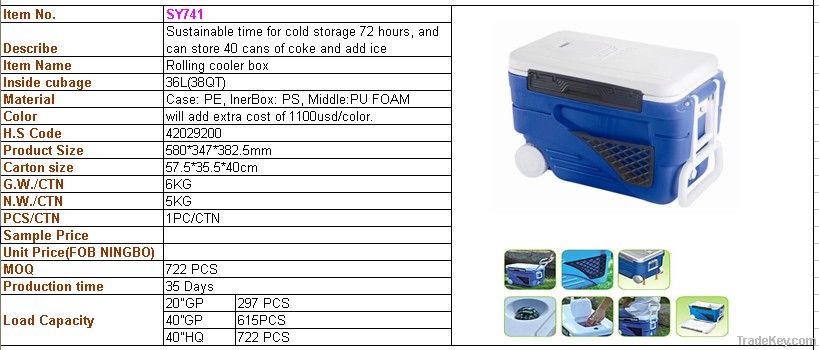 36L plastic fishing cooler box with wheels