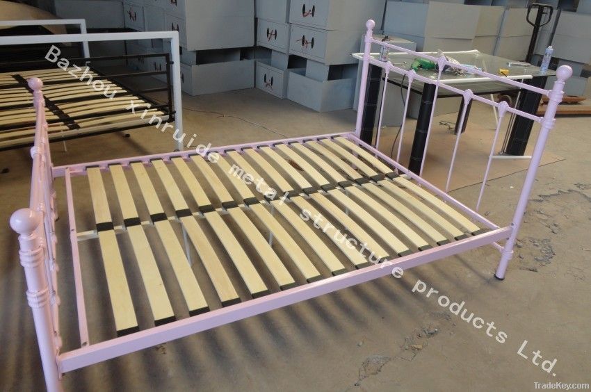 metal double bed with wooden base