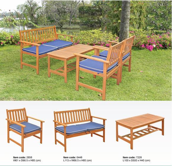 Acacia "Sofia" table set with 1 bench and 2 armchairs