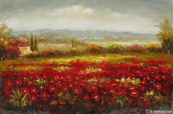 Red poppies palette knife oil painting, impressionist art