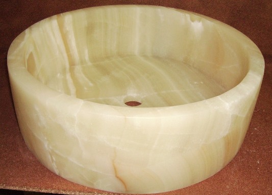 White onyx round sink with flat bottom. Dimensions:16" Diam x 7"